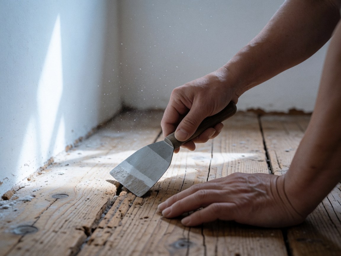 Close-up of a hand using a knife to repair a hole in an old wooden floor with dust floating in natural light from a window