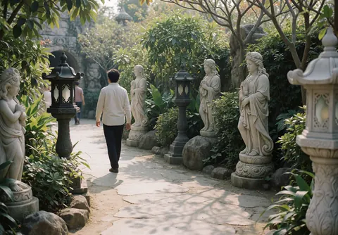 A visitor walks along a stone path in a themed garden featuring stone statues, lanterns, and lush vegetation under natural light.