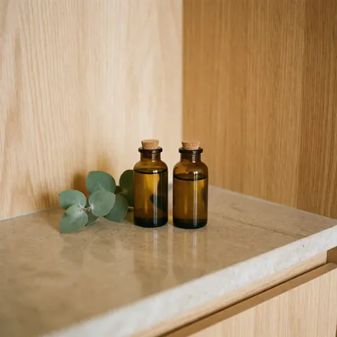Two brown glass essential oil bottles with cork stoppers and fresh eucalyptus leaves on a light marble counter with wood walls