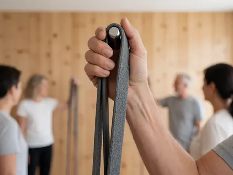 Close-up of an adult hand gripping a gray resistance band in a therapy room with wooden walls and blurred figures in the background.