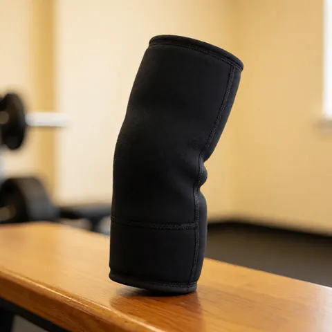 Black neoprene knee sleeve resting on a wooden bench in a gym with blurred training equipment in the background.
