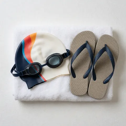Swimming goggles and striped cap on a white towel with flip-flops nearby for training or competition