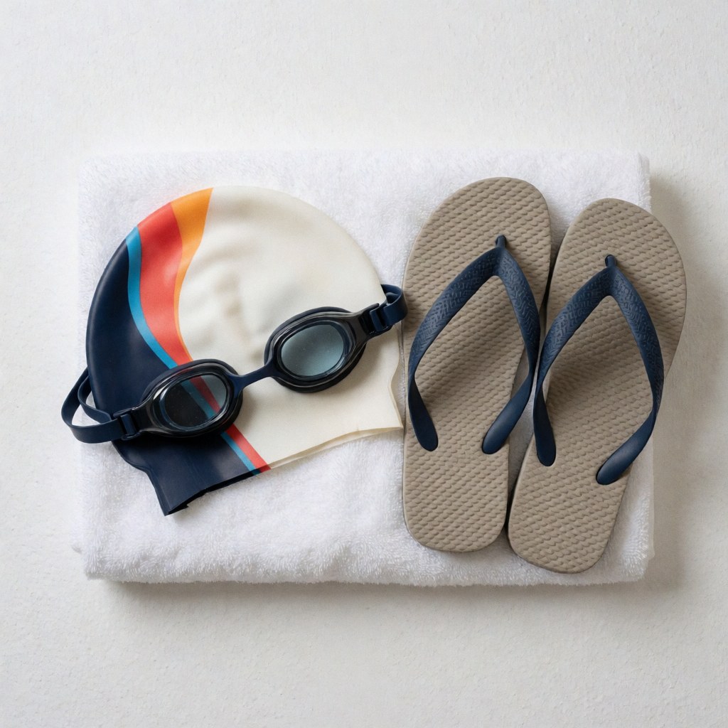 Swimming goggles and striped cap on a white towel with flip-flops nearby for training or competition