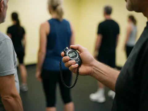 Close-up of a hand holding a digital stopwatch in a gym setting with a blurred background of people exercising.