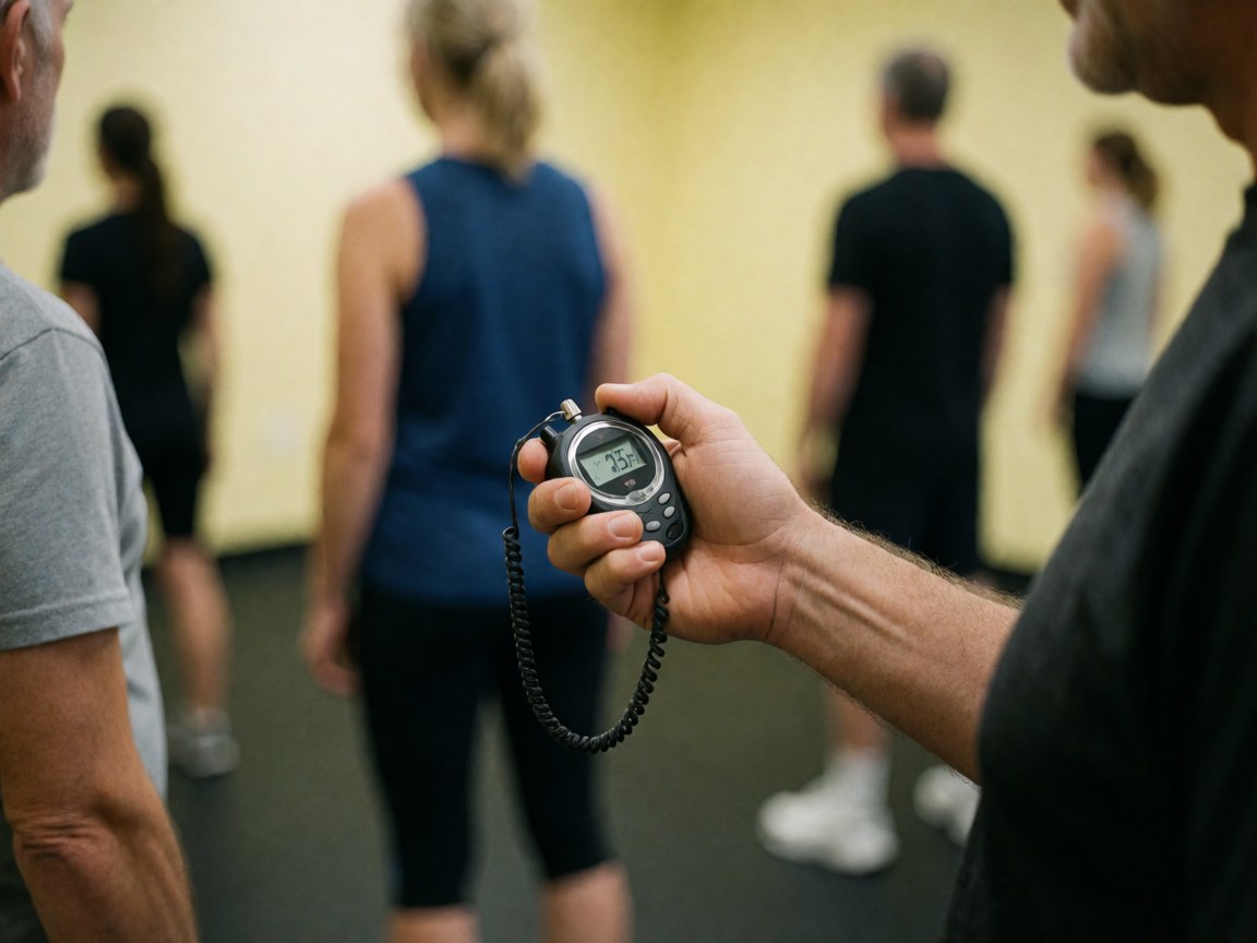 Close-up of a hand holding a digital stopwatch in a gym setting with a blurred background of people exercising.