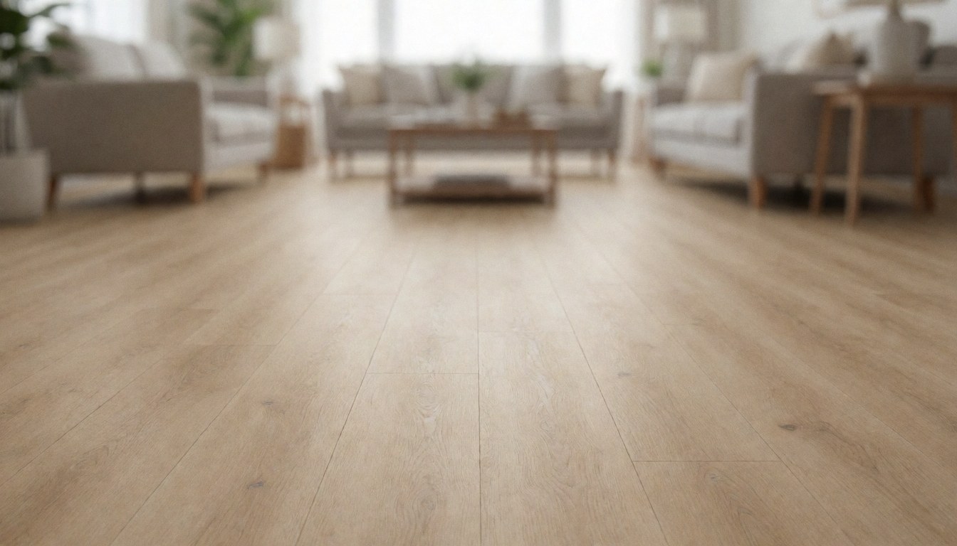 Close-up of beige vinyl plank flooring with blurred furniture in the background, providing a clean surface for commercial text overlays.