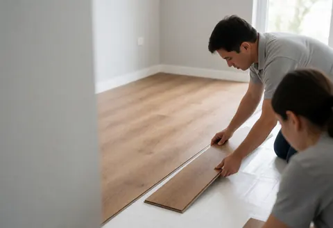 Two workers place wooden floor planks over a white base in a room with gray walls and natural light.