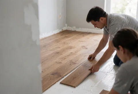 Two workers place wooden floor planks over a white base in a room with gray walls and natural light.
