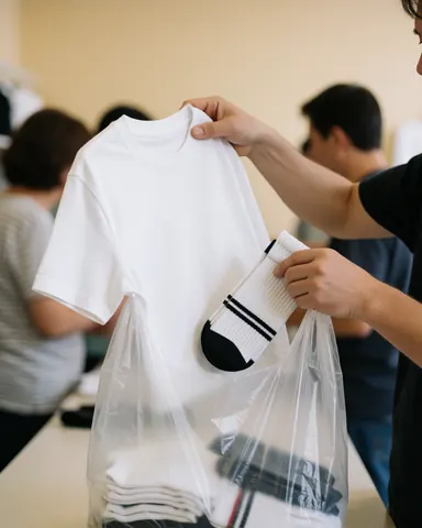 A hand placing a white sports shirt and athletic socks into a clear plastic bag inside a sports retail store.