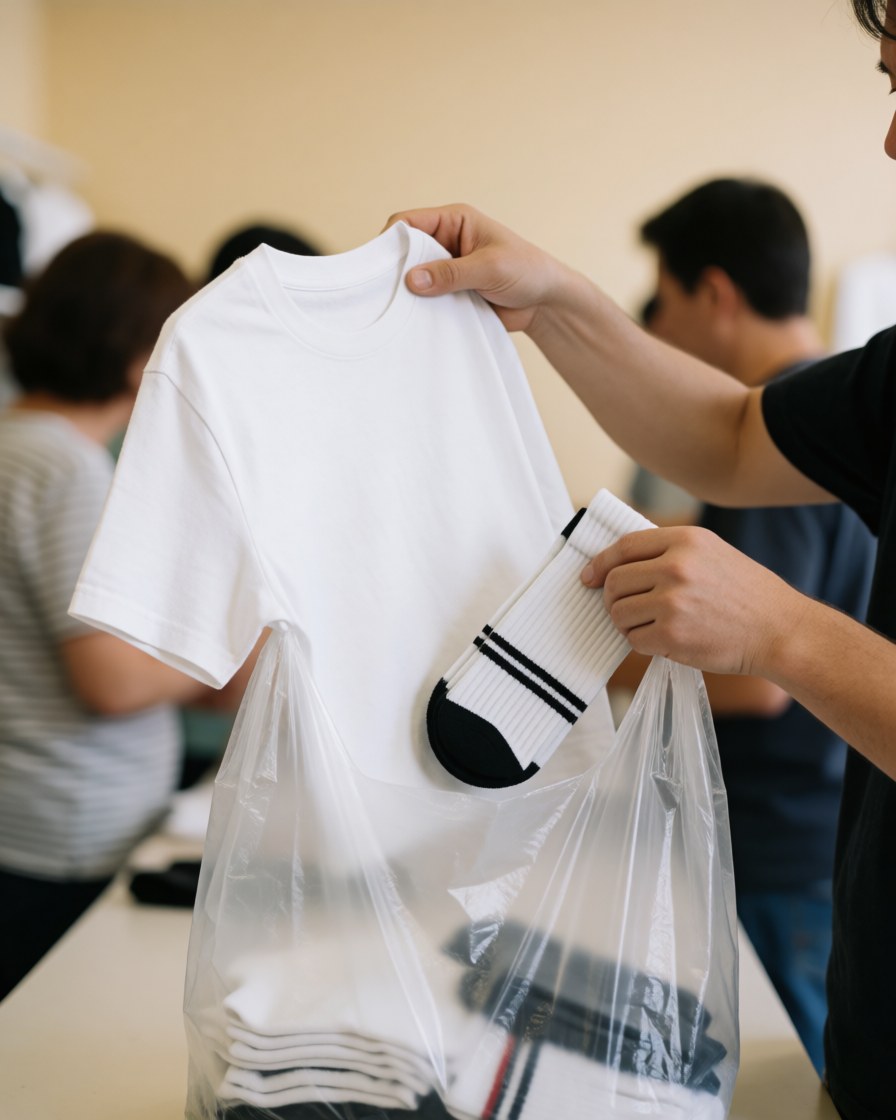 A hand placing a white sports shirt and athletic socks into a clear plastic bag inside a sports retail store.