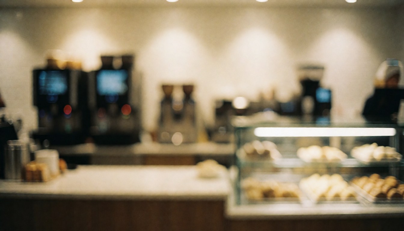 Soft focus coffee shop interior featuring coffee machines and a pastry display case with warm lighting, ideal for text overlay