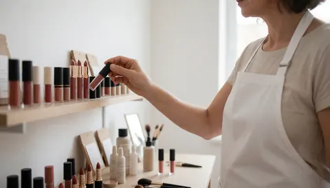 Makeup artist choosing a vegan lipstick from a shelf in a well-lit studio with eco-friendly products