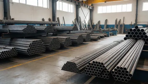 Large stacks of metallic steel pipes in a manufacturing workshop with high windows, concrete floor, and robust industrial atmosphere