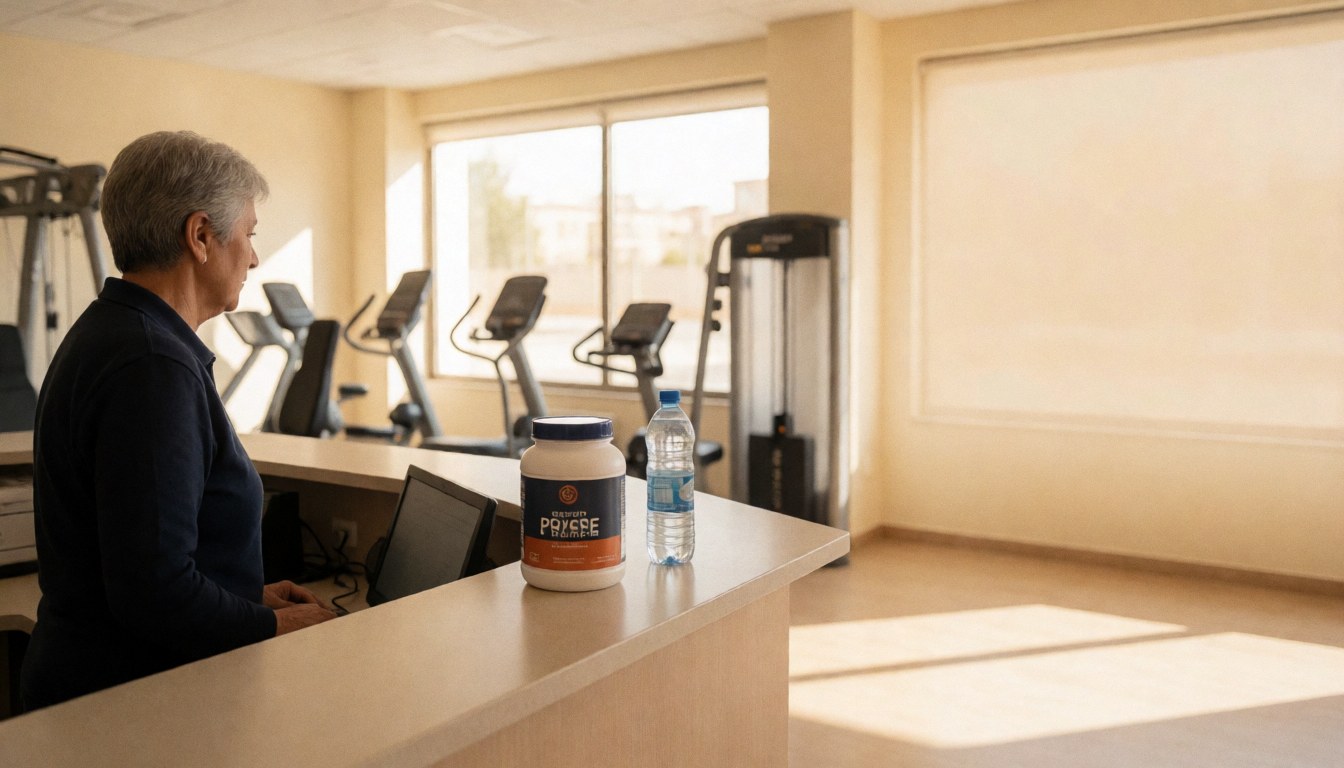 Woman working on a computer at a gym reception desk with a protein tube and water bottle on the counter