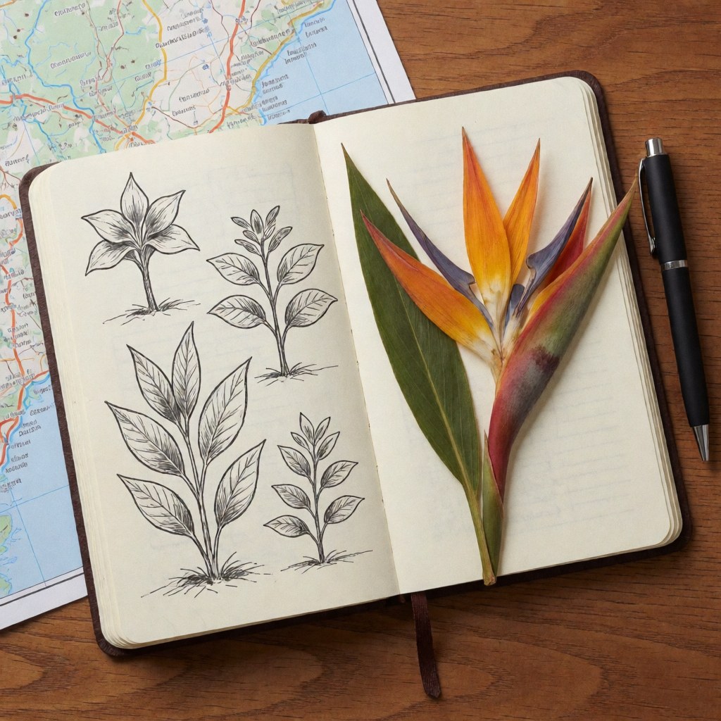 Open notebook featuring botanical sketches and a preserved tropical flower resting on a wooden surface with a map.