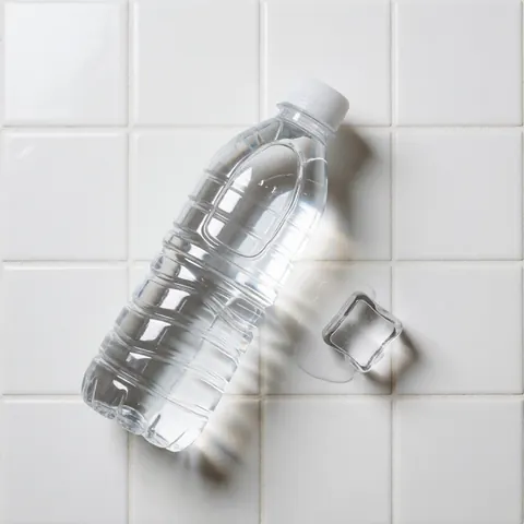 Transparent water bottle with white cap and ice cube on white tiles, bright clean lighting, minimalist scene for hostel or hotel