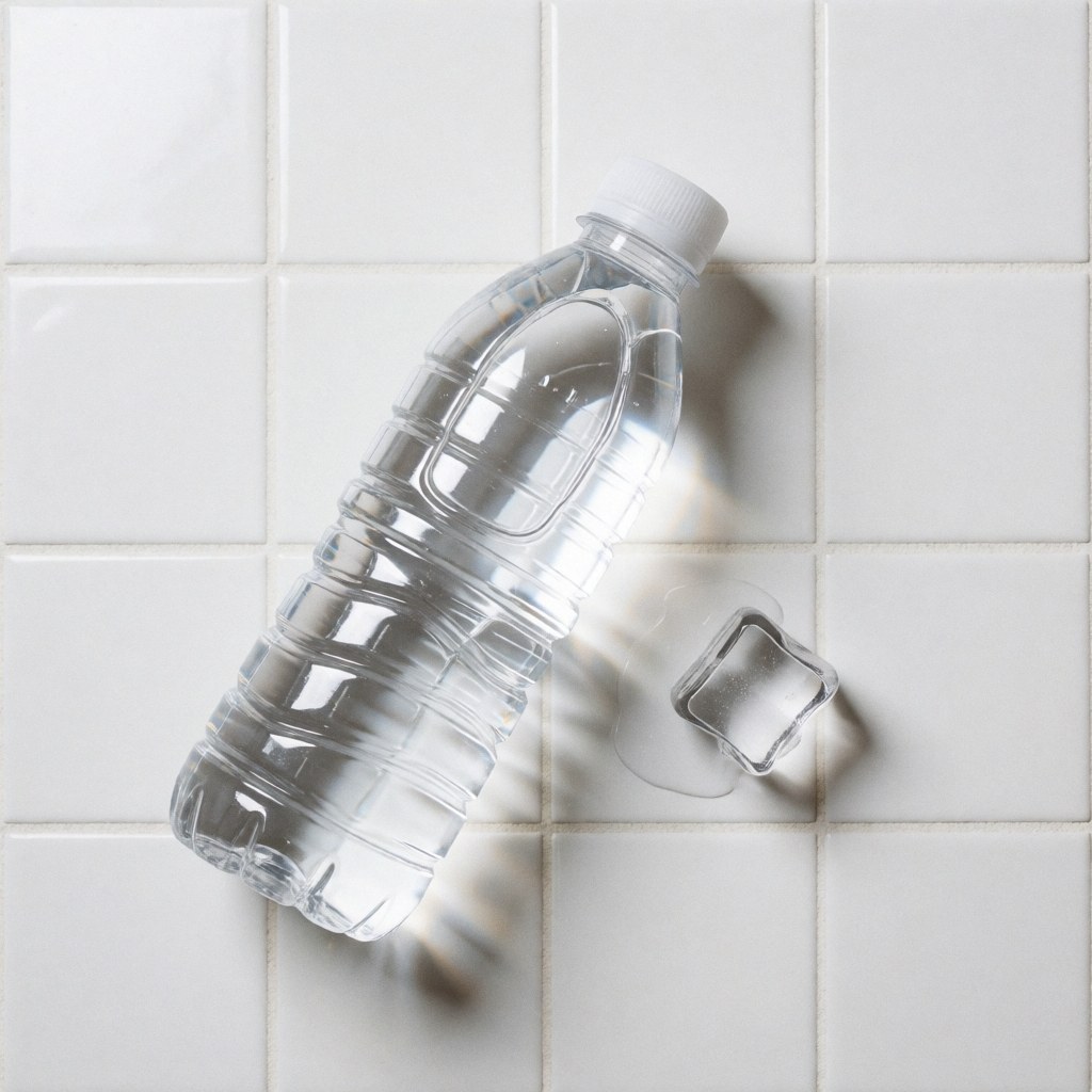 Transparent water bottle with white cap and ice cube on white tiles, bright clean lighting, minimalist scene for hostel or hotel