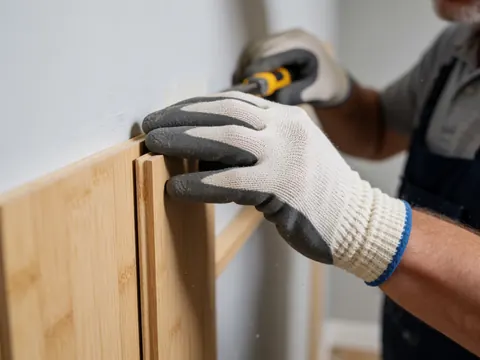 Close-up of a gloved hand using a tool to fix a bamboo board to a wall, highlighting the natural texture and installation detail.