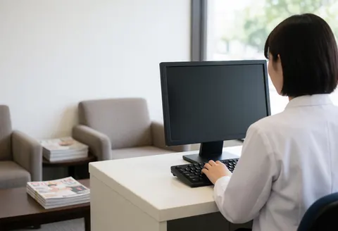 Receptionist in white uniform working at computer in clinic reception. Clean space with chairs and magazines for patients. Natural light from window.