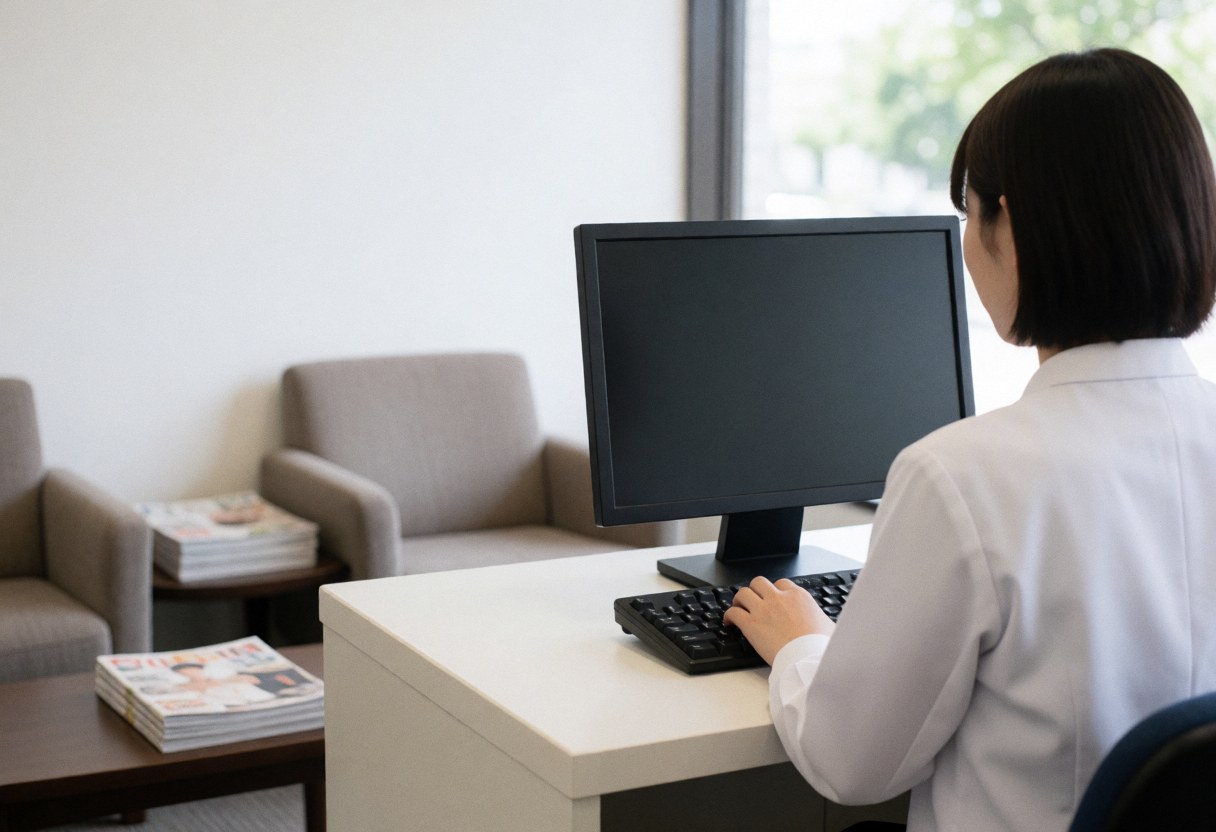 Receptionist in white uniform working at computer in clinic reception. Clean space with chairs and magazines for patients. Natural light from window.