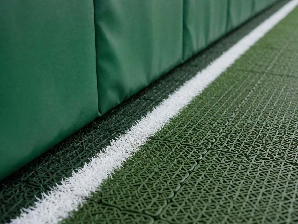 Close-up detail of the corner where a green stitched wall meets a synthetic turf floor with white marked lines, suitable for a sports club.