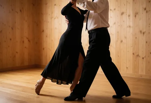 A couple dances tango in a room with wooden walls, the man leads the woman elegantly while both wear formal attire and dance shoes.