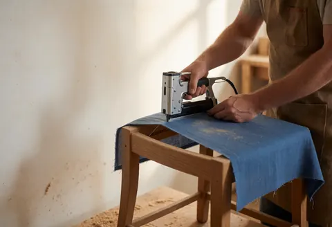 Carpenter using a nail gun to attach blue fabric to a wooden chair frame in a bright workshop with natural light.