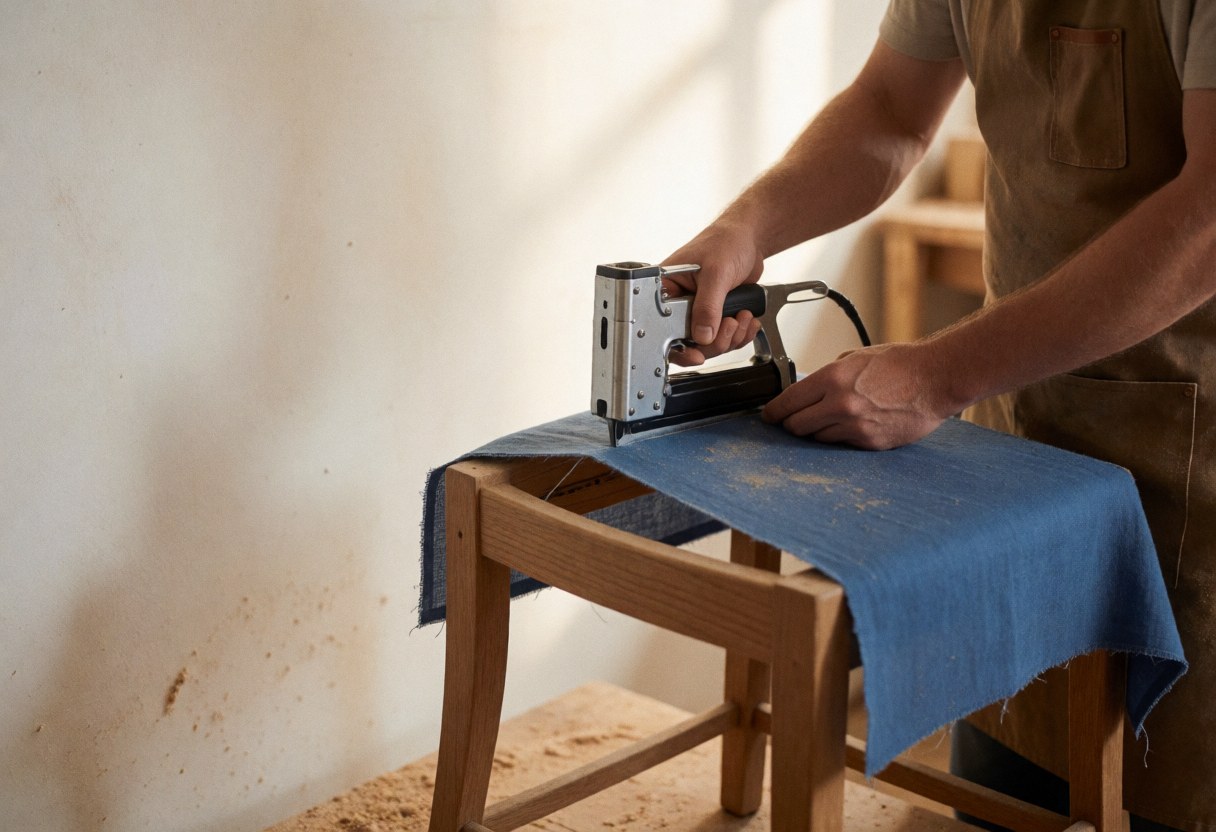 Carpenter using a nail gun to attach blue fabric to a wooden chair frame in a bright workshop with natural light.