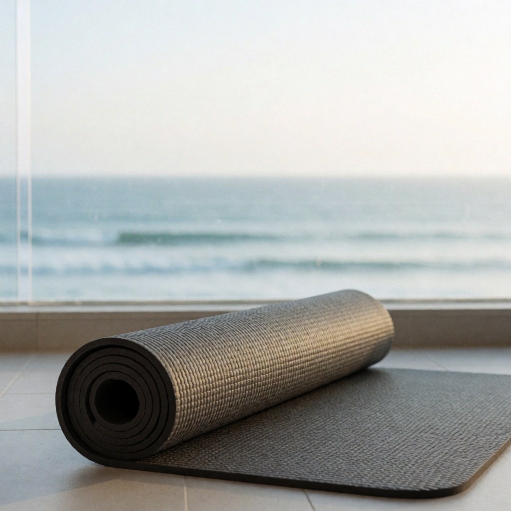 A rolled gray yoga mat on tiled flooring with a view of the ocean, soft waves, and diffused light, suitable for outdoor training and wellness.
