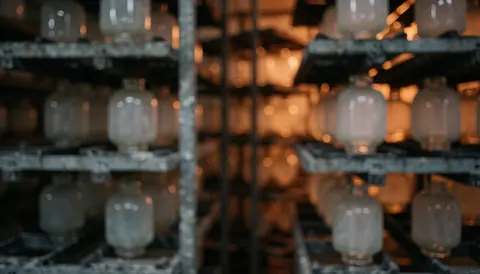 Metal racks filled with translucent glass items in a workshop setting, featuring warm amber lighting and soft bokeh background.