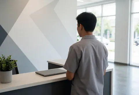 Back view of a receptionist at a coding bootcamp desk with a laptop, plant, geometric wall, and natural light