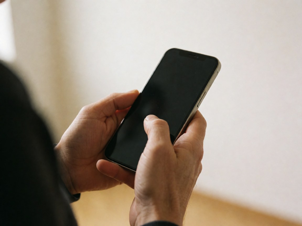 Close-up of an adult hand holding a mobile phone with a dark screen in a warm, blurred indoor setting.