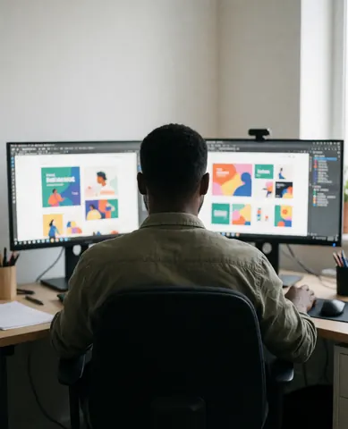 Graphic designer seated at a desk working on two computer monitors displaying colorful designs in a bright professional office setting.