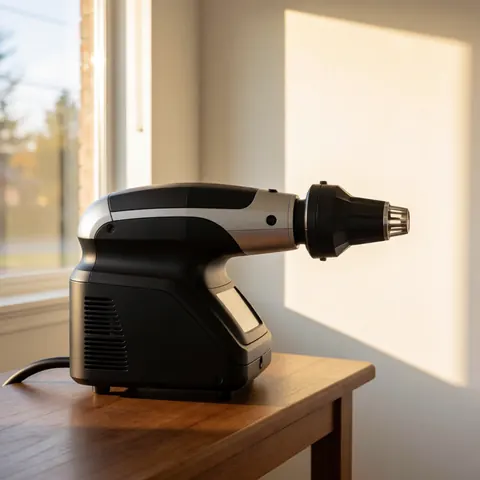 Professional laser hair removal device with black and silver industrial design resting on a wooden table illuminated by natural window light
