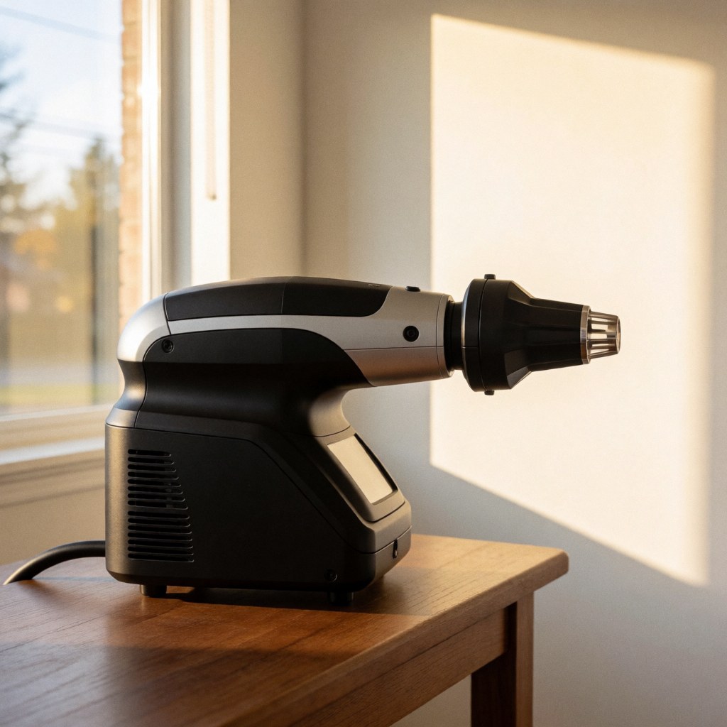 Professional laser hair removal device with black and silver industrial design resting on a wooden table illuminated by natural window light