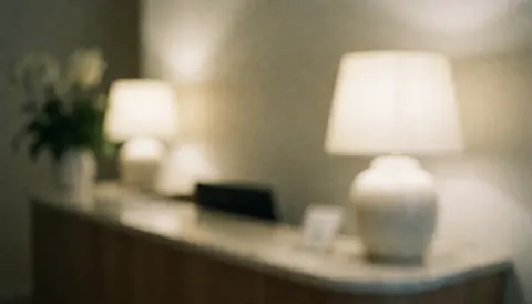 Soft focus background of a professional reception area featuring two white table lamps, a green plant, and a wooden counter with warm lighting.