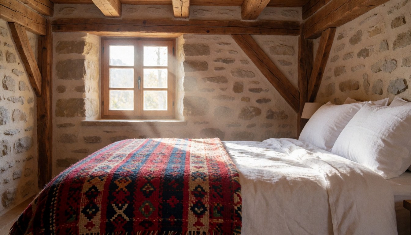 A bed with a colorful tablecloth in a rustic room featuring stone walls and wooden beams, ideal for rural lodging.