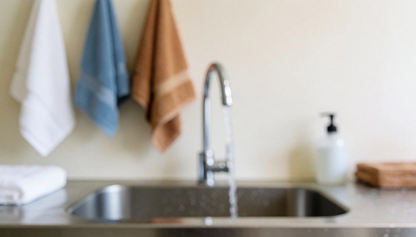 Clean bathroom background with hanging towels, ideal for text overlay, professional and calm atmosphere