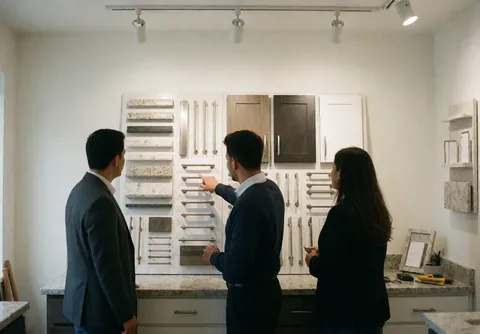 Three professionals examine kitchen hardware, doors, and countertops in a well-lit showroom setting.