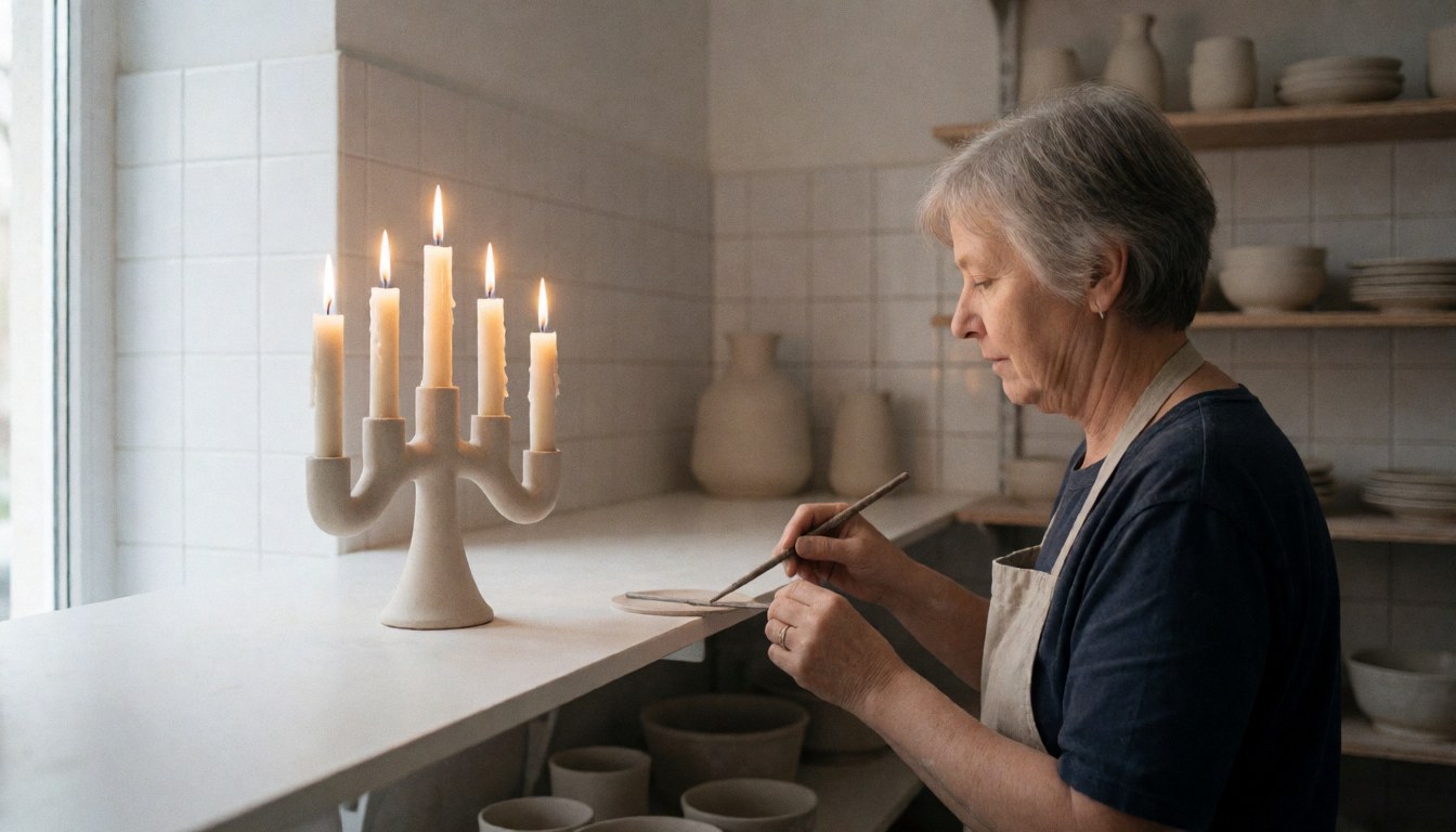 Ceramic candelabra with lit candles on a white table in a pottery workshop setting