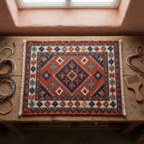 Handwoven rug with geometric patterns in terracotta, indigo, and cream on a rustic wooden surface, surrounded by threads and a wooden comb under natural light