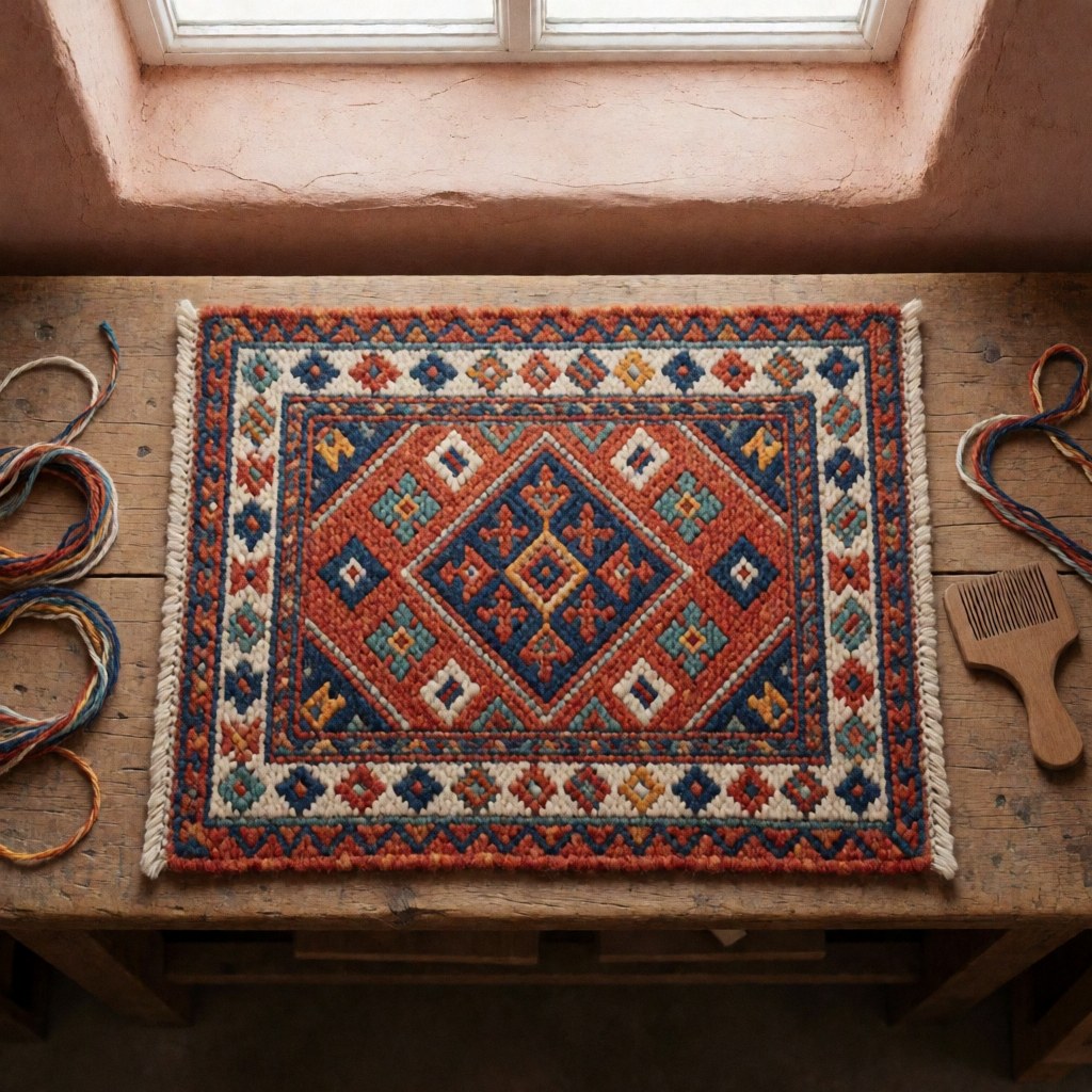 Handwoven rug with geometric patterns in terracotta, indigo, and cream on a rustic wooden surface, surrounded by threads and a wooden comb under natural light