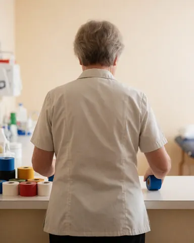 A professional organizing rolls of athletic tape in a treatment center with medical equipment in the background and beige walls.