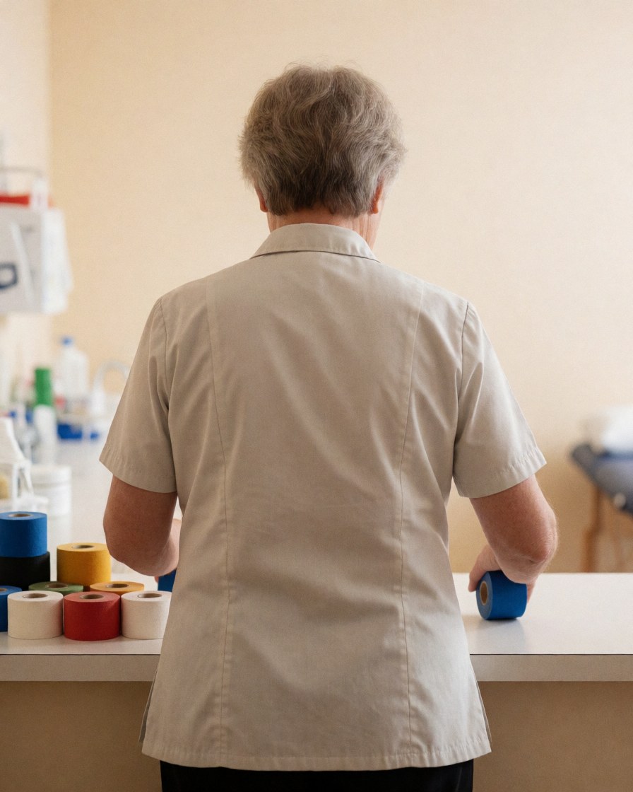A professional organizing rolls of athletic tape in a treatment center with medical equipment in the background and beige walls.