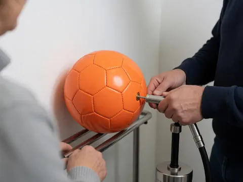 Close-up of hands using a manual pump to inflate an orange soccer ball on a metal stand, showing sports equipment maintenance details.