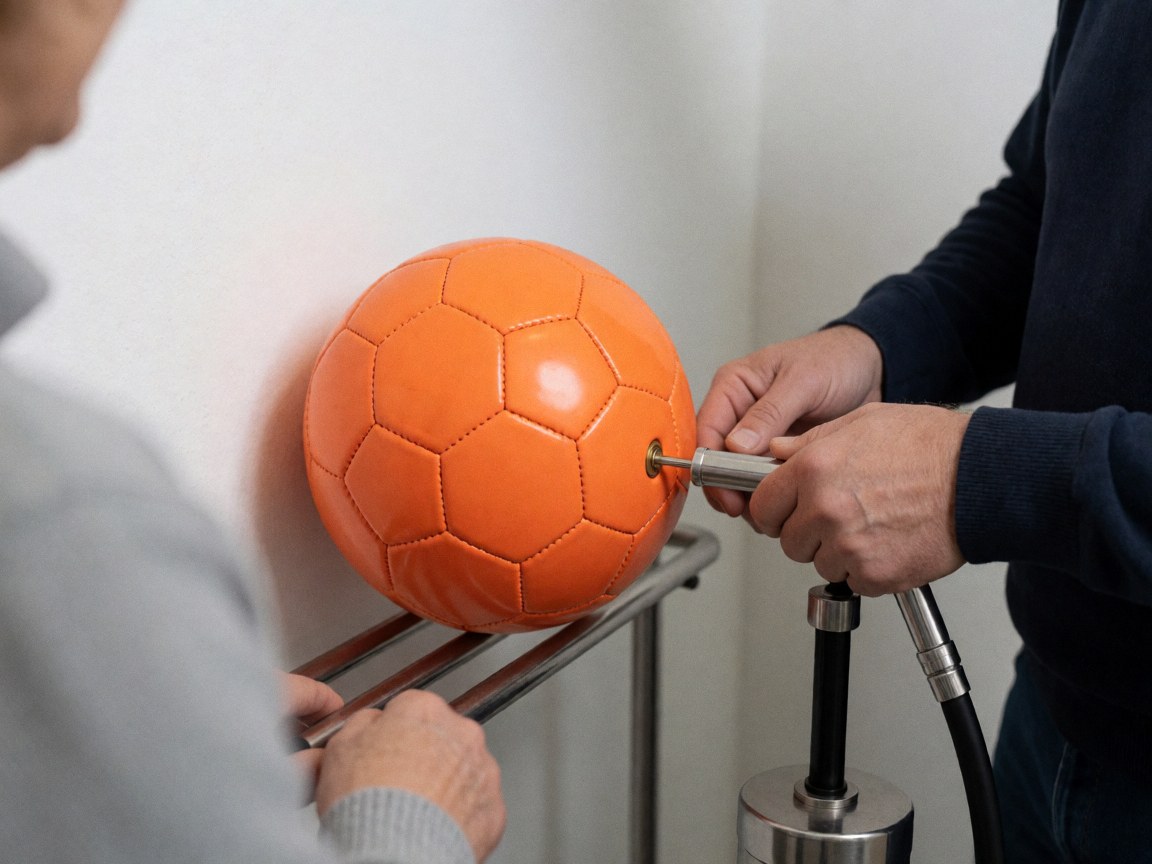 Close-up of hands using a manual pump to inflate an orange soccer ball on a metal stand, showing sports equipment maintenance details.