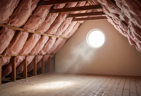Attic ceiling space featuring pink insulation, wooden beams, and natural light entering through a round window, suitable for roof repair contexts.