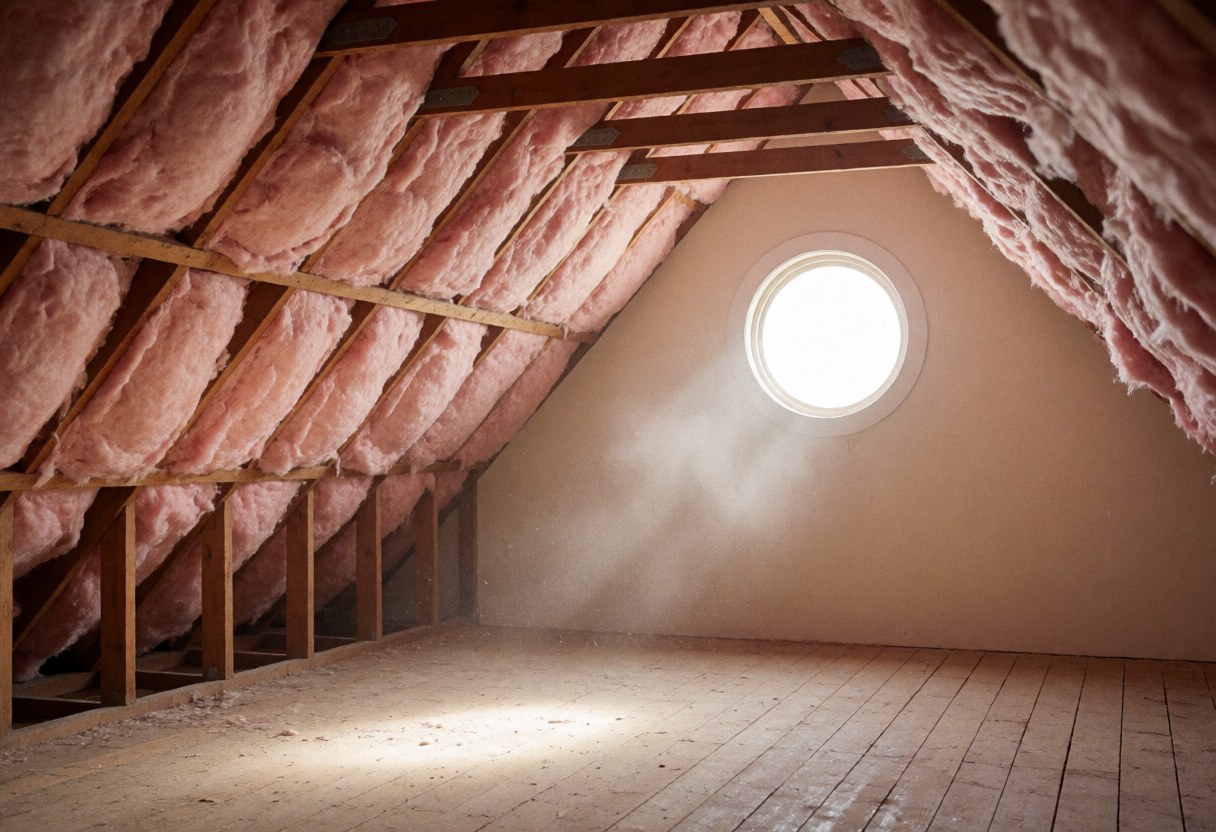 Attic ceiling space featuring pink insulation, wooden beams, and natural light entering through a round window, suitable for roof repair contexts.