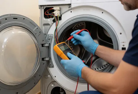 Technician in blue gloves checks metal cables inside a white washing machine using a multimeter.