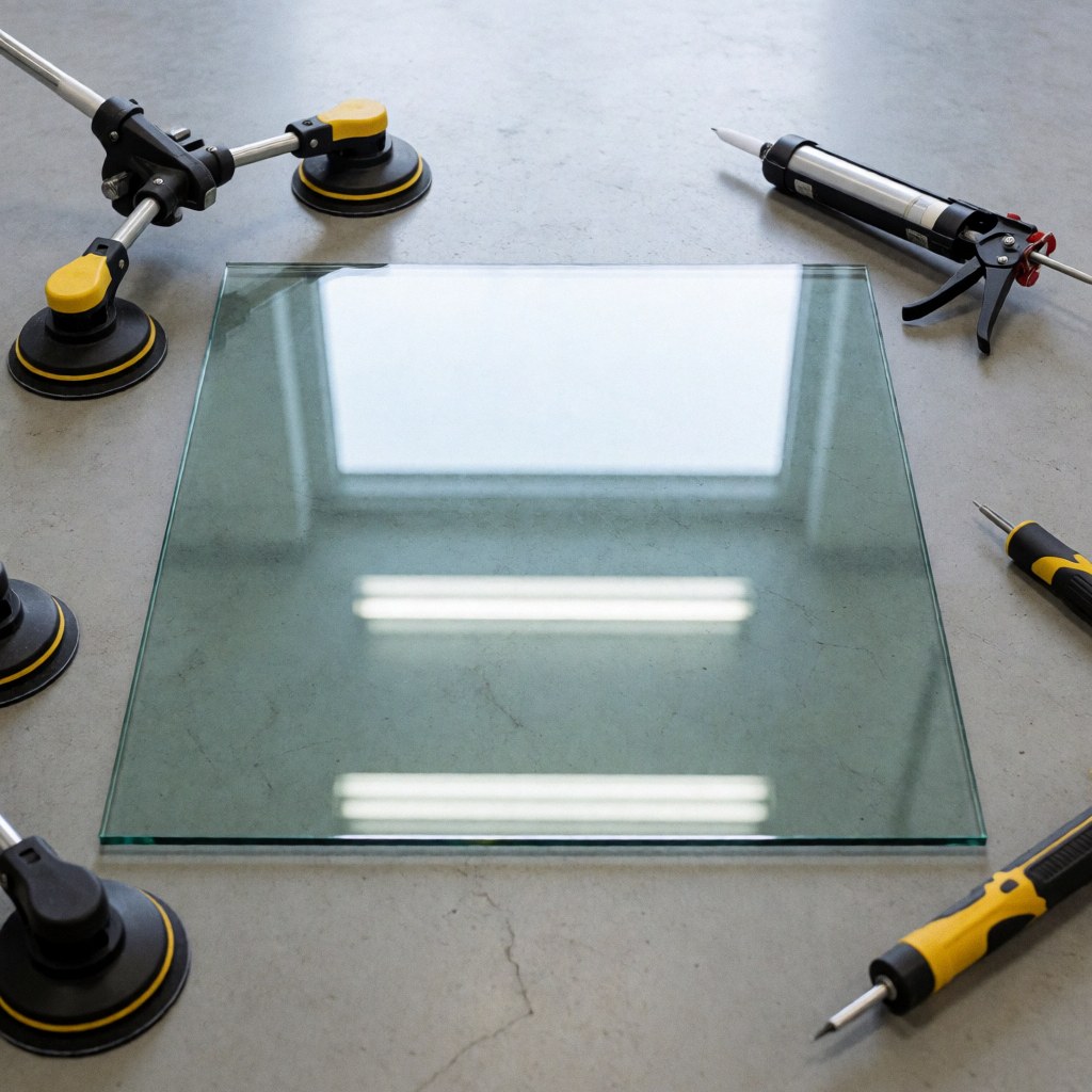 Low-e window glass pane on a concrete floor surrounded by a silicone gun and suction cup for professional installation.